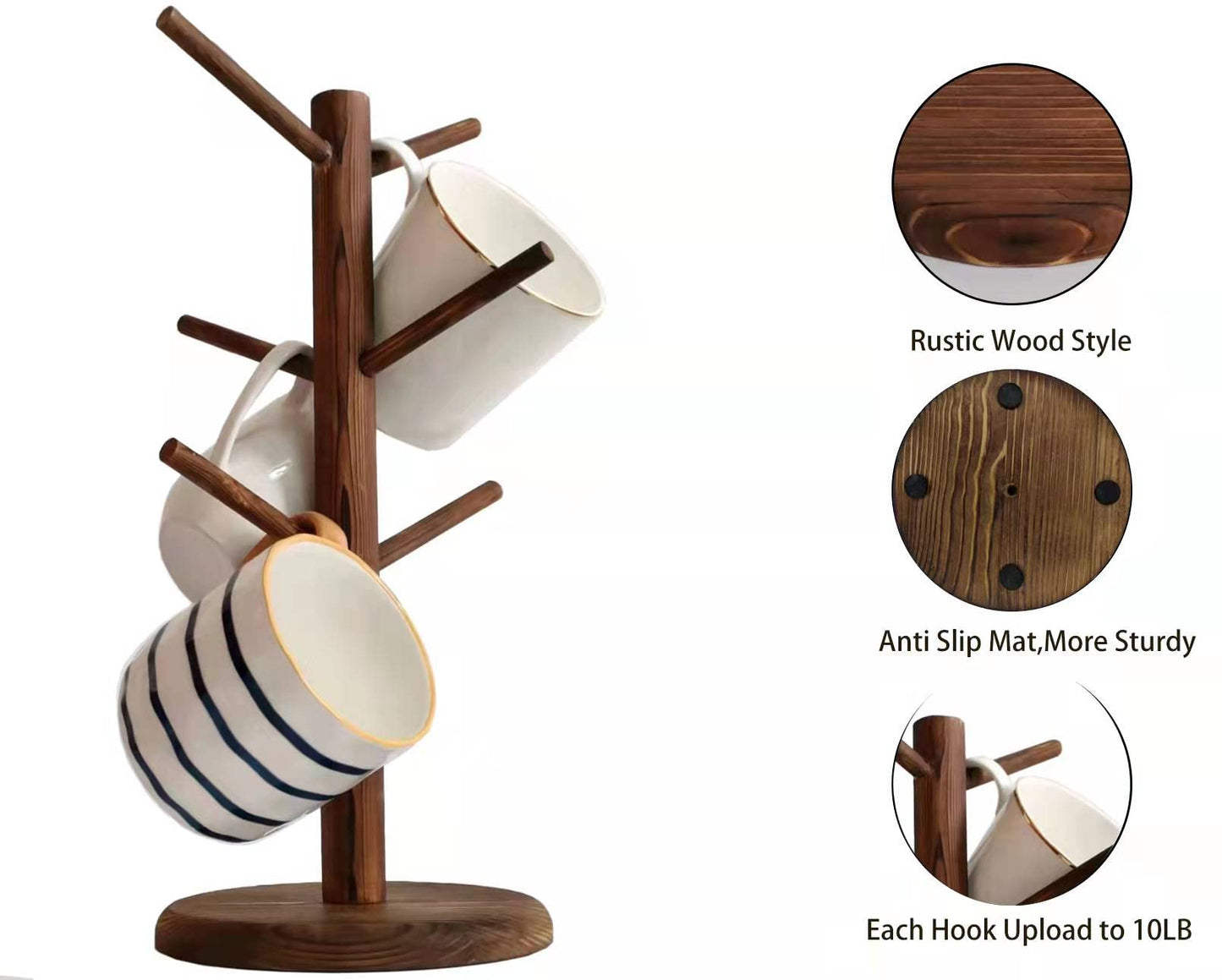 Dorhors Mug Holder Tree,Coffee Cup Holder with 6 Hooks, Wood Mug Rack for Counter,Coffee Bar Accessories and Orgnizer Station(Brown)