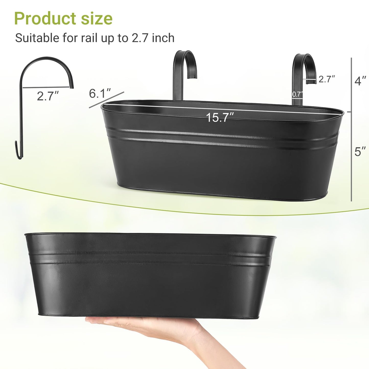 Dahey 4 Pcs Metal Hanging Flower Pots for Railing Fence Outdoor Planter 15.7 Inch Hanging Bucket Pots Countryside Window Flower Plant Holder with Detachable Hooks for Garden Yard Home Decor,Black