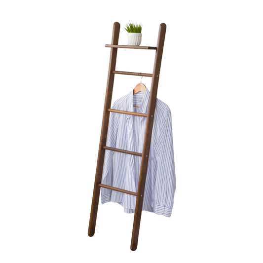 FURNIREM Solid Pine Wood Blanket Ladder for Living Room Bathroom Organizer Shelves, 7-Tier 5-Tier Freestanding Shelf, Freestanding Towel Rack Extra Storage, Wall-Leaning (Walnut, Medium)