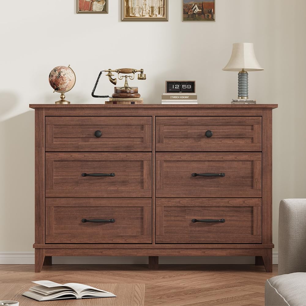 GarveeHome 6 Dresser for Bedroom, 47 in Wide Drawer Dresser with Storage Freestanding, Wooden Closet Storage Chest for Living Room, Bedroom, Entryway, Walunt