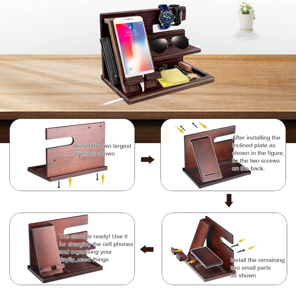 Gifts for Men Christmas, Wood Phone Docking Station, Mens Gifts for Birthday or Gifts for Dad Fathers Day, Desk Workspace Organizer Nightstand Organizer Key for Wallet & Watch Holder Husband Christmas