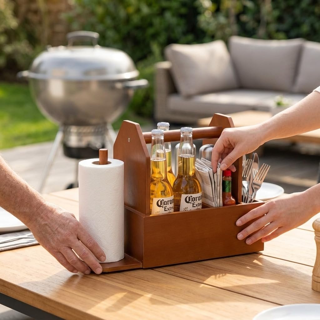 Grill Caddy for Outdoor Grill with Paper Towel Holder, Wooden BBQ Organizer for Utensils, Plates, Condiments and Silverware Rustic Picnic Table Caddy for Camping, Backyard Cooking and BBQ Accessories