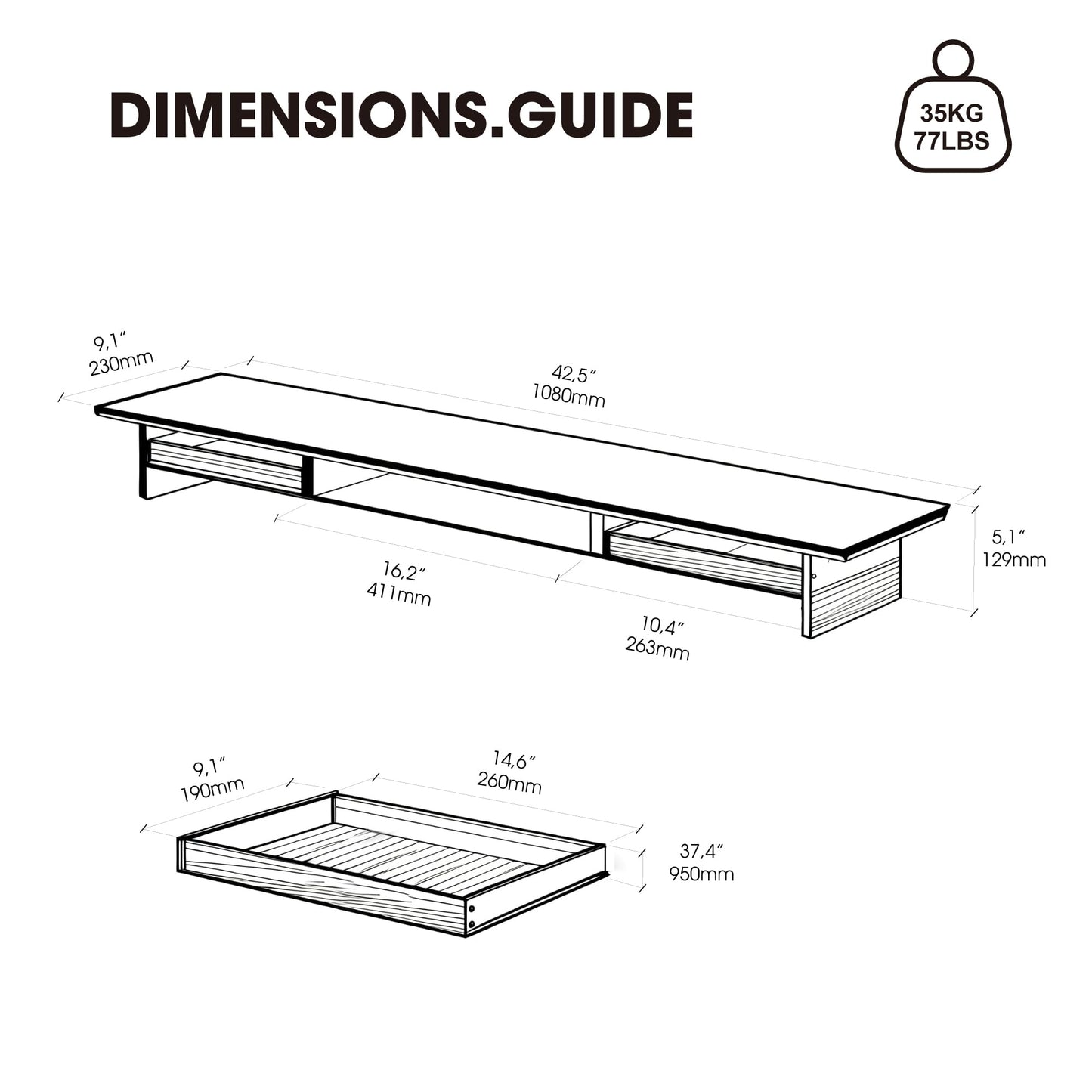 Fenge 42.5” Dual Monitor Stand Riser with 2 Felt-Lined Drawers, Aesthetic Metal and Wood Monitor Shelf with Acrylic Legs, 2-Tier Desk Organizer for 2 Monitors, Laptop, Printer, TV, Black