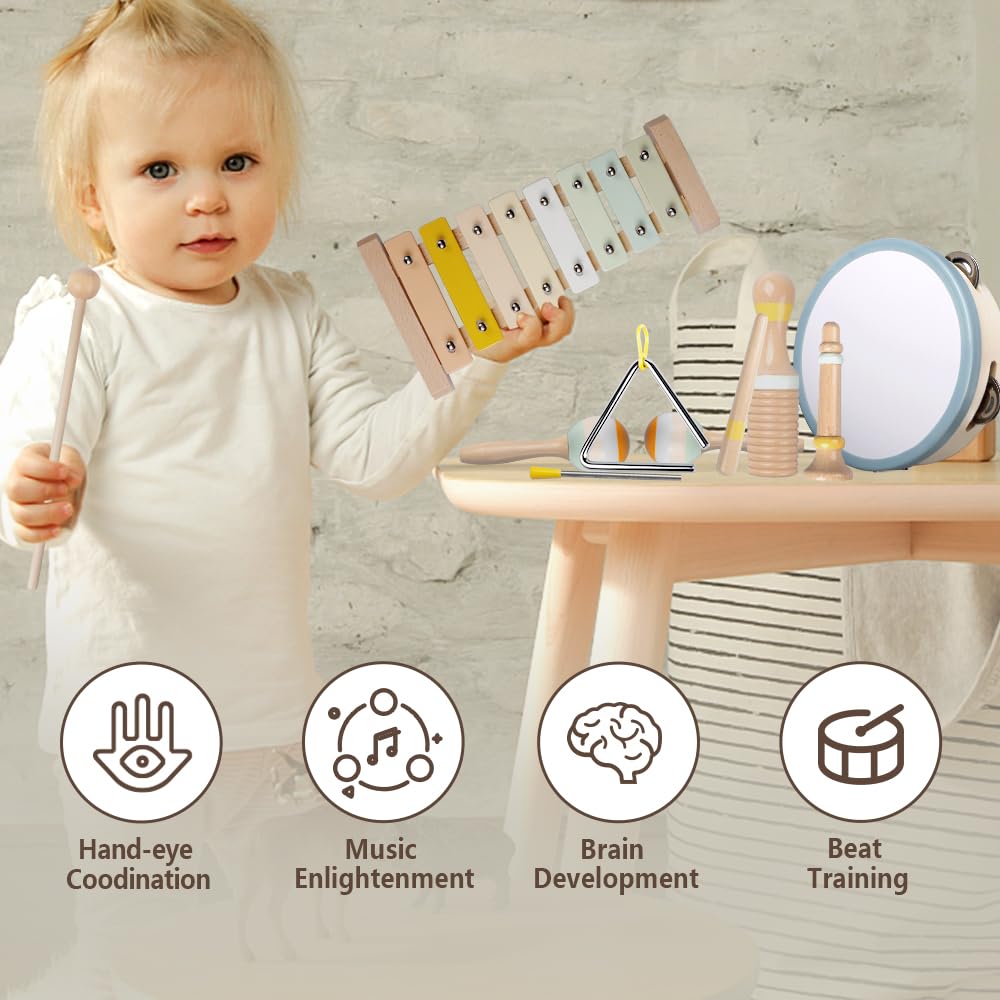 Baby Musical Instruments-Montessori Wooden Toys for Toddlers,Neutral Colors Percussion Instruments Set with Modern Boho Xylophone for Kids Preschool Educational (Neutral)