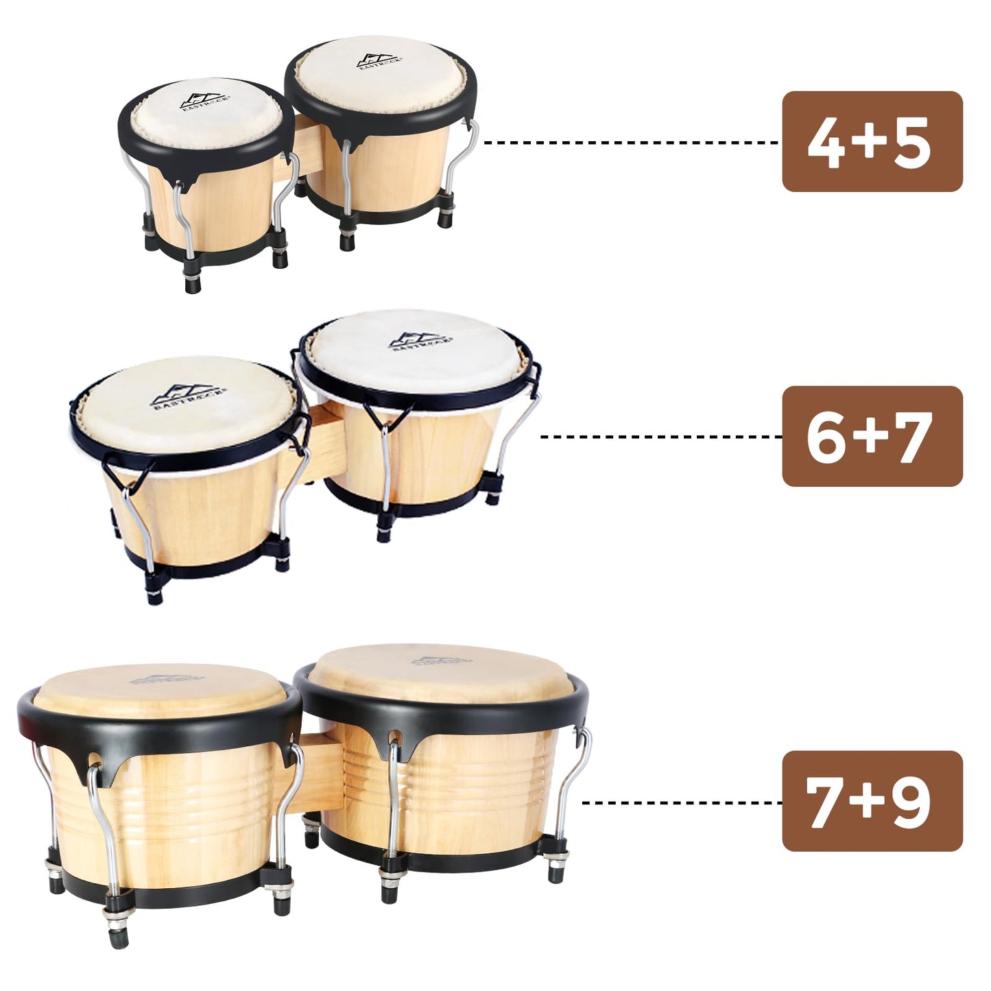 EastRock Bongo Drum 4” and 5” Set for Adults Beginners Professionals Tunable Wood and Metal Drum Percussion Instruments With Tuning Wrench