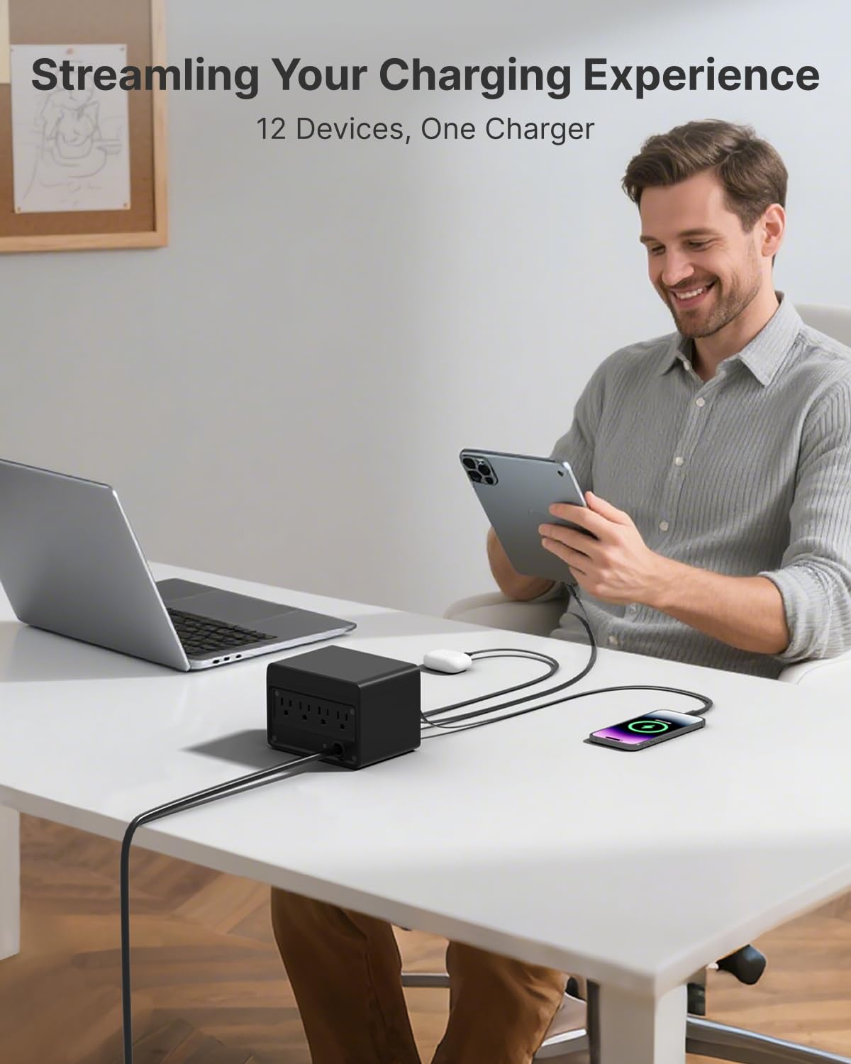 Gitryin 1 Micro USB, 1 Lightning, 4 Type-C Retractable Wall Chargers and 1 Power Strip, Desktop Modular Charging Station