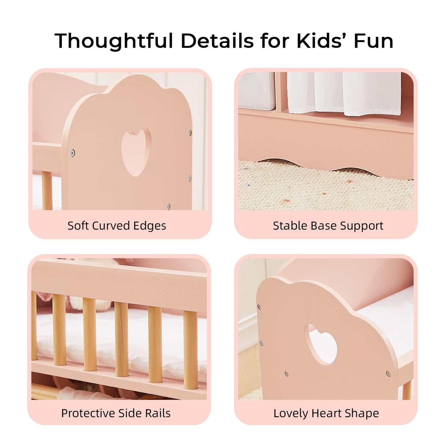 OOOK Baby Doll Crib, Wooden Baby Doll Bed and Changing Table, Dollhouse Furniture with Two Storage Box, Bedding and Coat Hangers, Nursery Playset Suitable for Dolls Under 22 Inches, Pink