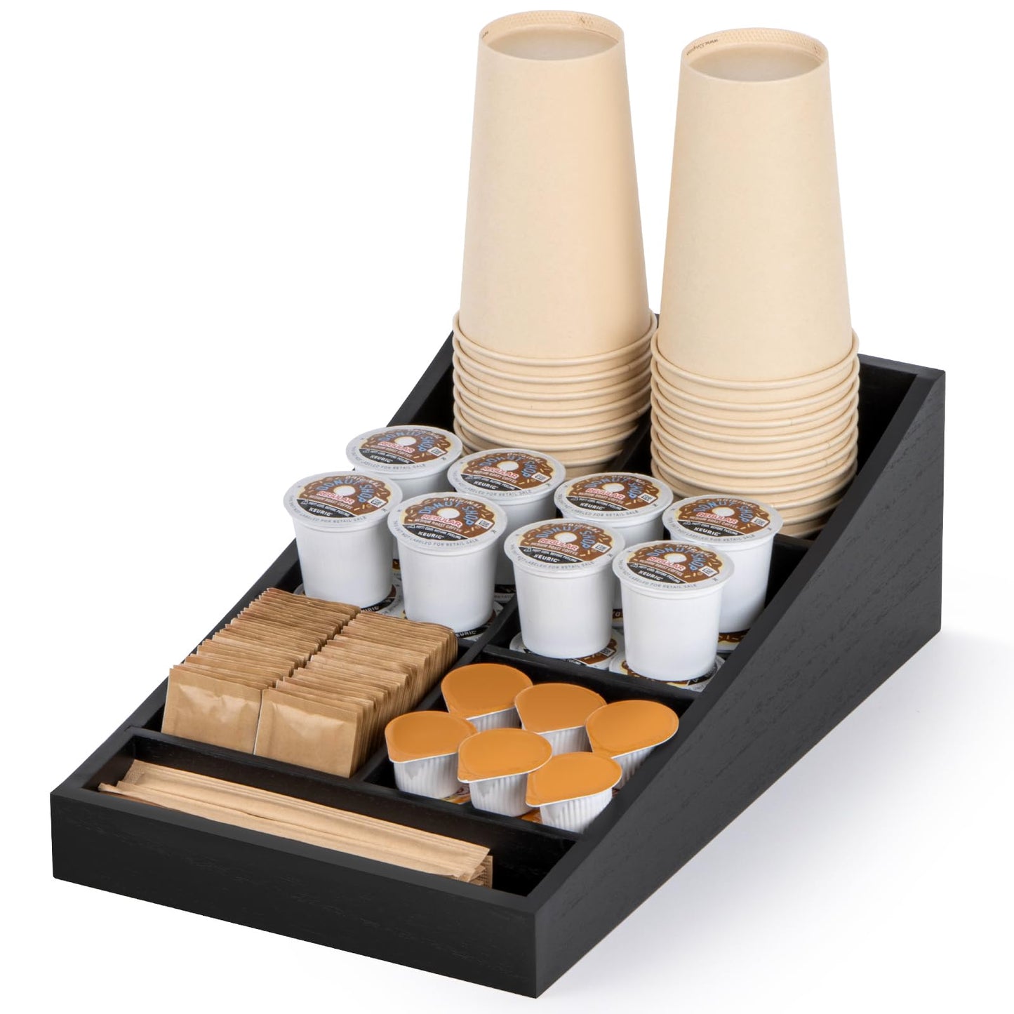 ANBOXIT Coffee Station Organizer for Countertop, Condiment Storage Caddy, Coffee Bar Supplies Organizer for Home, Office and Breakroom - Wooden, Black, 7 Compartment