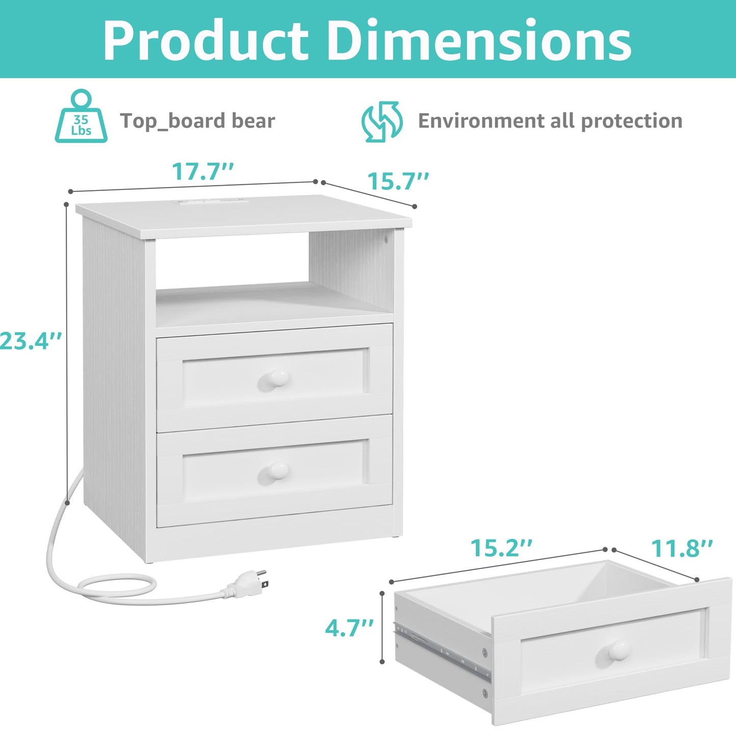 White Wooden Nightstand with Charging Station - Framhous Led Night Stand with 2 Drawers Modern Bedside Table for Bedroom Wood End Table with Lights and Storage