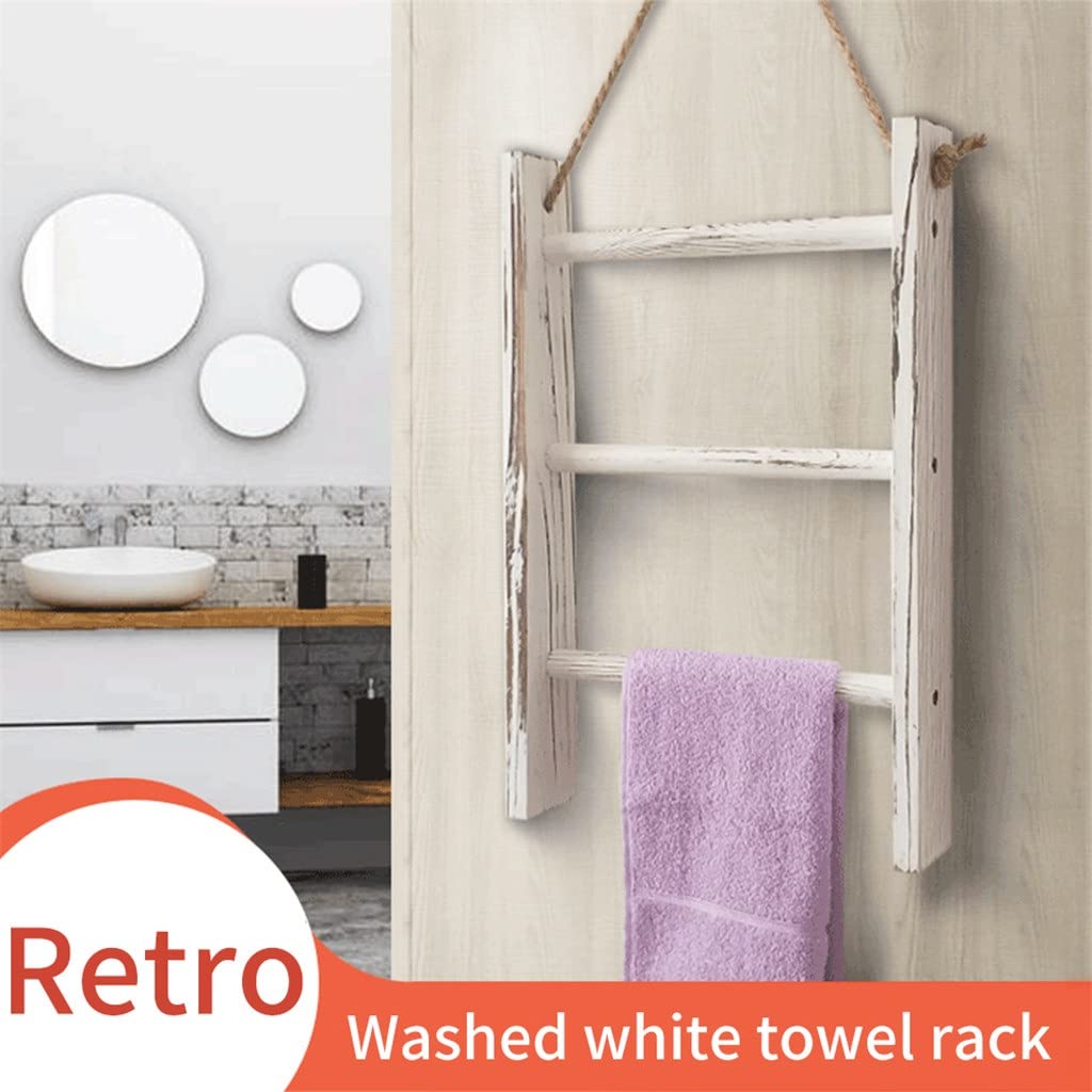 ZXYLZL 3 Tiers Blankets Wooden Towel Rack Wall Hanging Bathroom Mini with Rope Retro Living Room Storage Ladder Home Decor