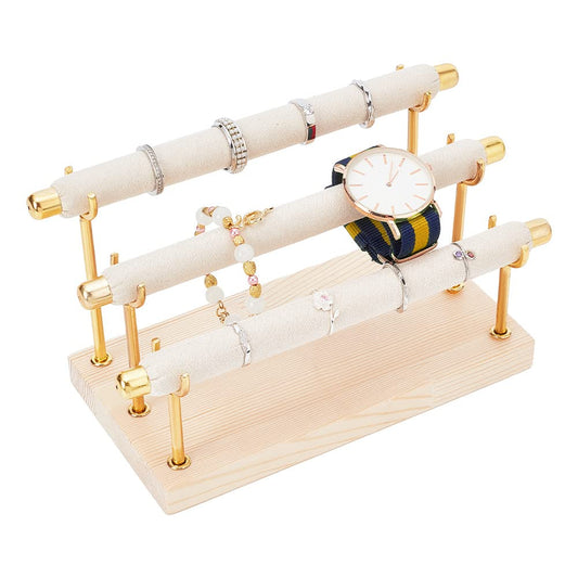 NBEADS 3-Tier Ring Display Stands, Wood Detachable Ring Organizer, Wooden Ring Holder with Golden End Jewelry Storage Organizer Tower Ring Display Jewelry Shelf (RDIS-WH0009-009-US6)