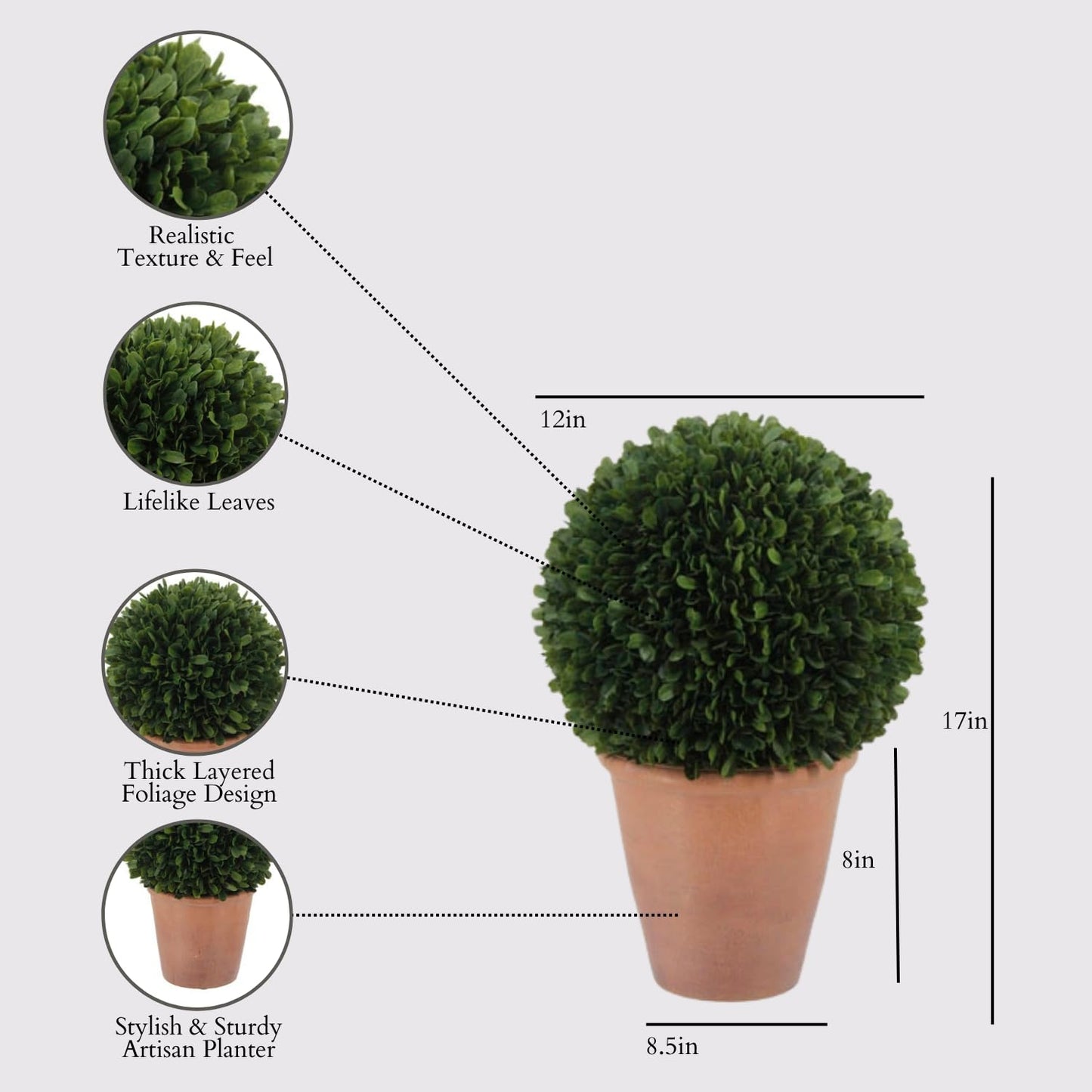 CG Hunter Faux Round Boxwood Plant, Premium Artificial Indoor Plant Stands 17" Tall, Lifelike-Leaves & Hand Painted Trunk, Planter Pot Included