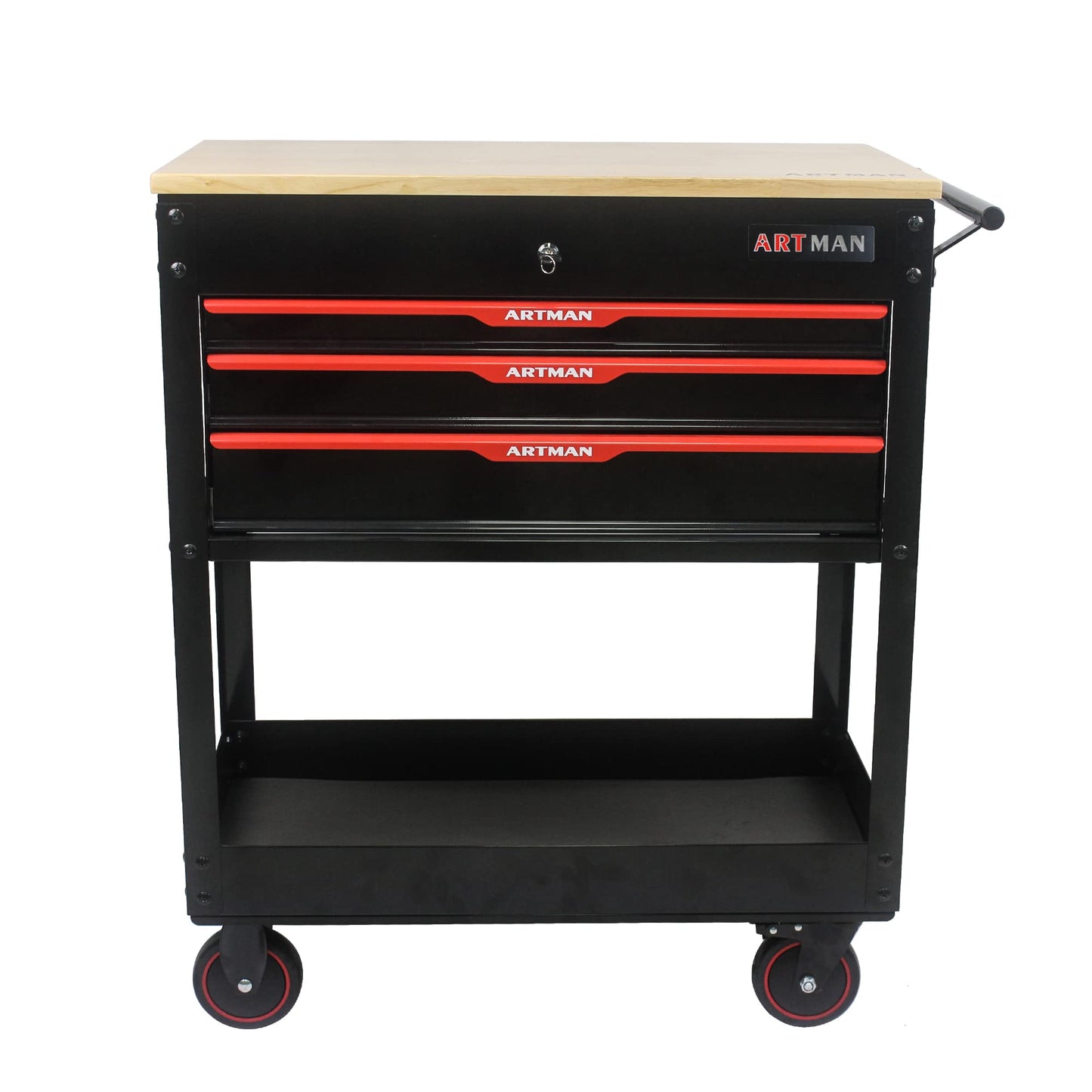 KEIKI 3-Drawer Rolling Tool Cart with Lift-Up Wooden Top, Utility Tool Box, Multi-Functional Tool Storage Organizer Cabinet for Garage, Warehouse, Workshop, Repair Shop, Black