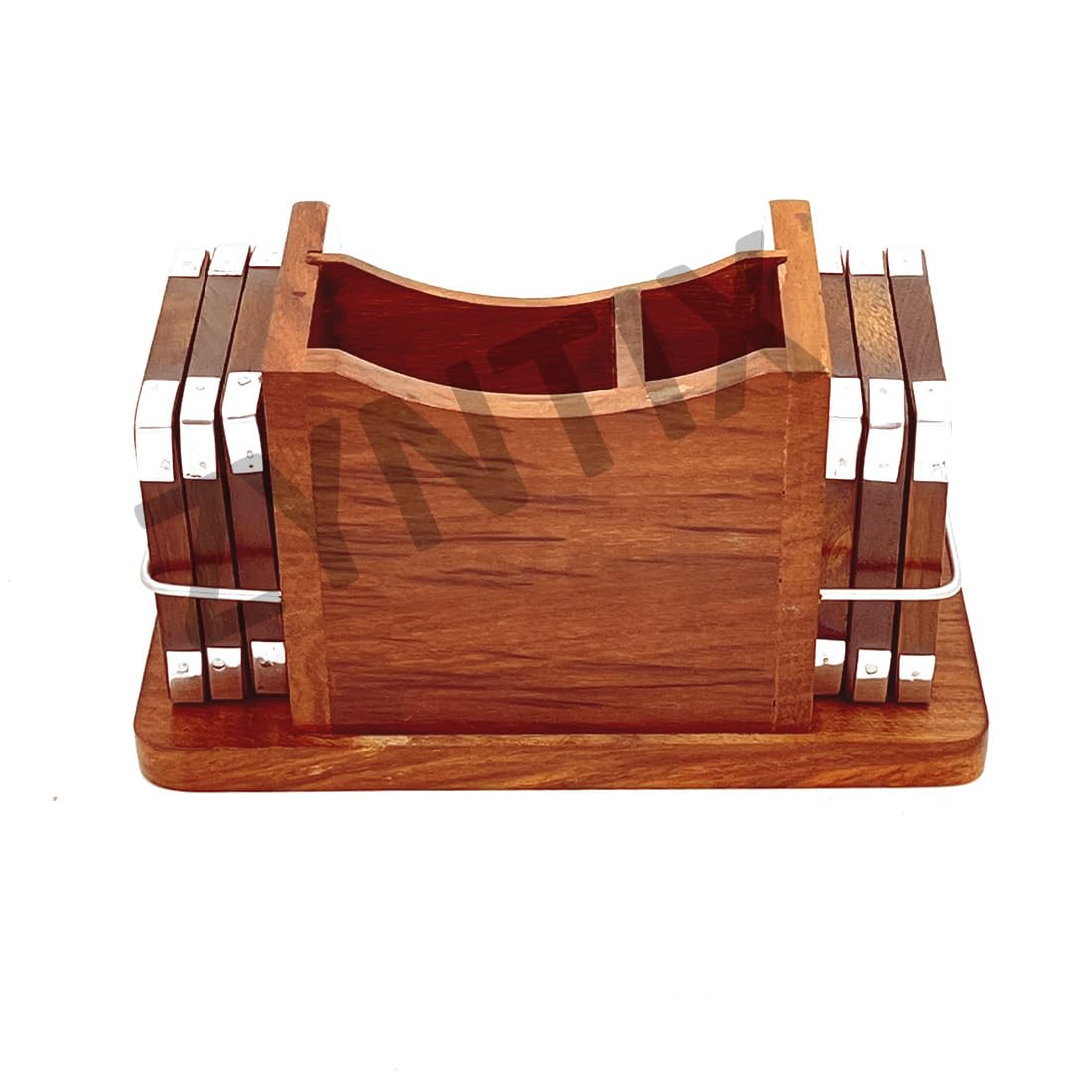 ZYNTIX Wooden Tea Coaster with Multi Holder - Silver Inlay, Handmade Coasters Set of 6 - Ideal Pencil Case, Teacher Supplies, Desk Organizer for Home and Office Decor