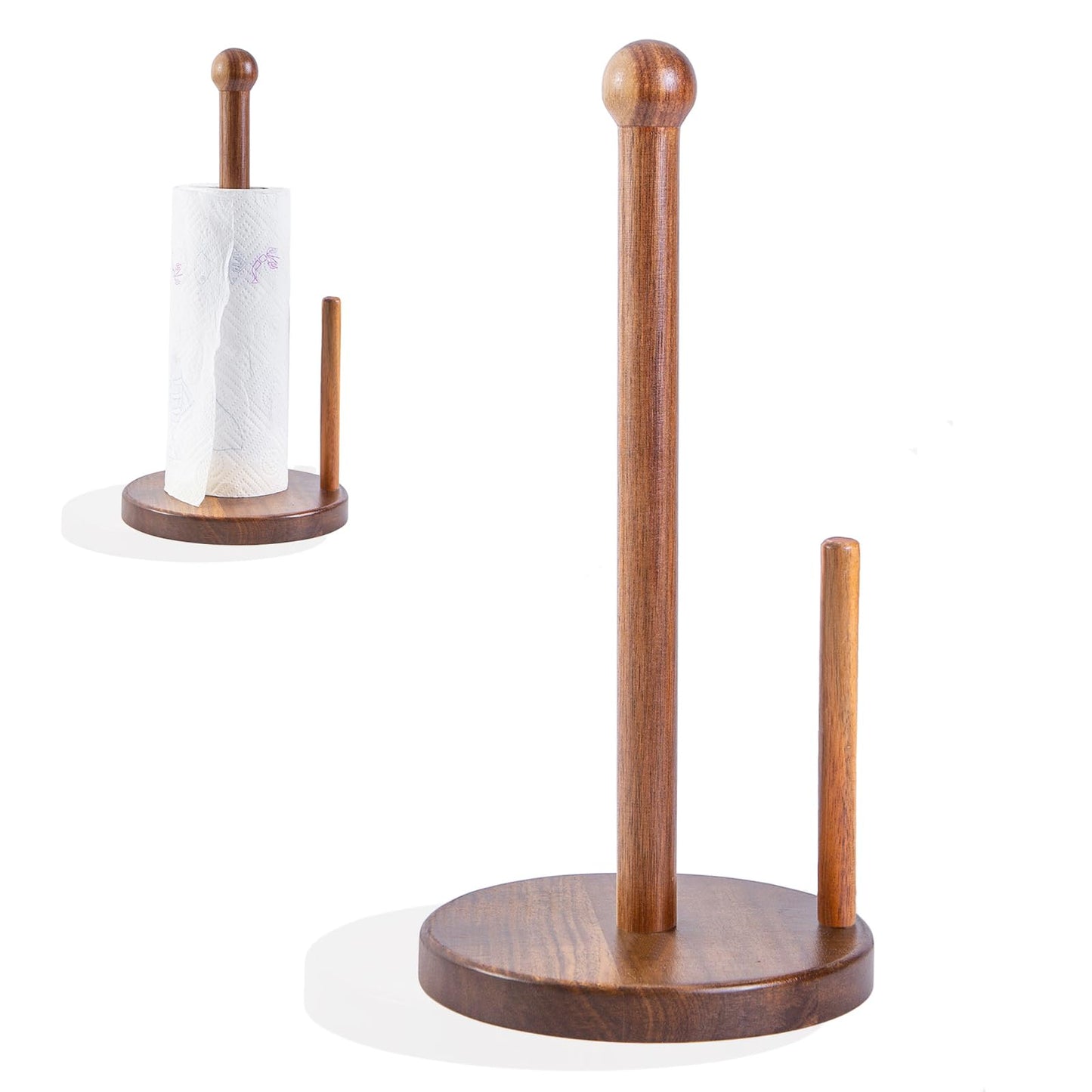 14" Acacia Wooden Paper Towel Holder, 6.7" Large Heavy Base Wooden Kitchen Towel Roll Stand Organizer Free Standing, Rustic Farmhouse Paper Towel Holder Stand, Standing Paper Towel Roll Holders