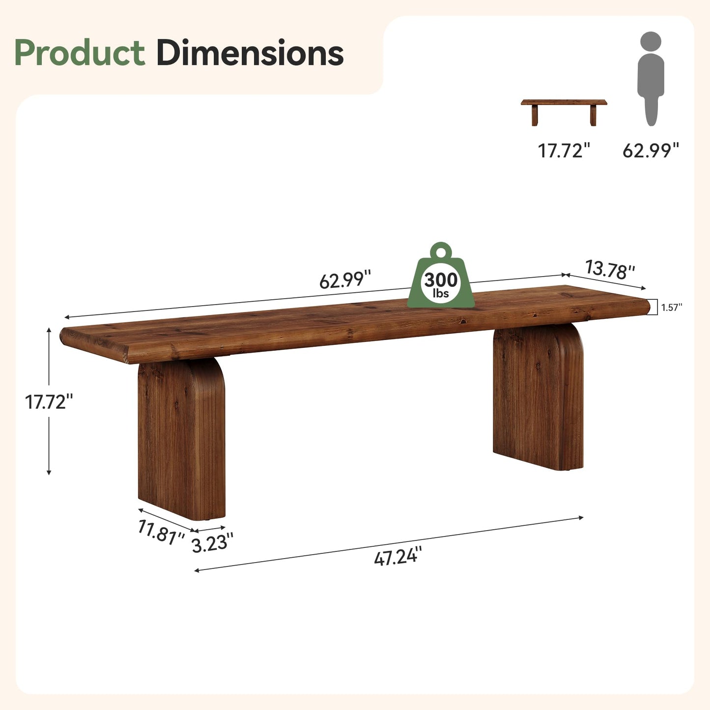 TRIBEWOOD 62.99-Inch Solid Wood Entryway Bench, Farmhouse Indoor Wooden End of Bed Bench for Entryway, Hallway, Bedroom, Dining Room, Living Room, Easy Assembly, Rustic Brown