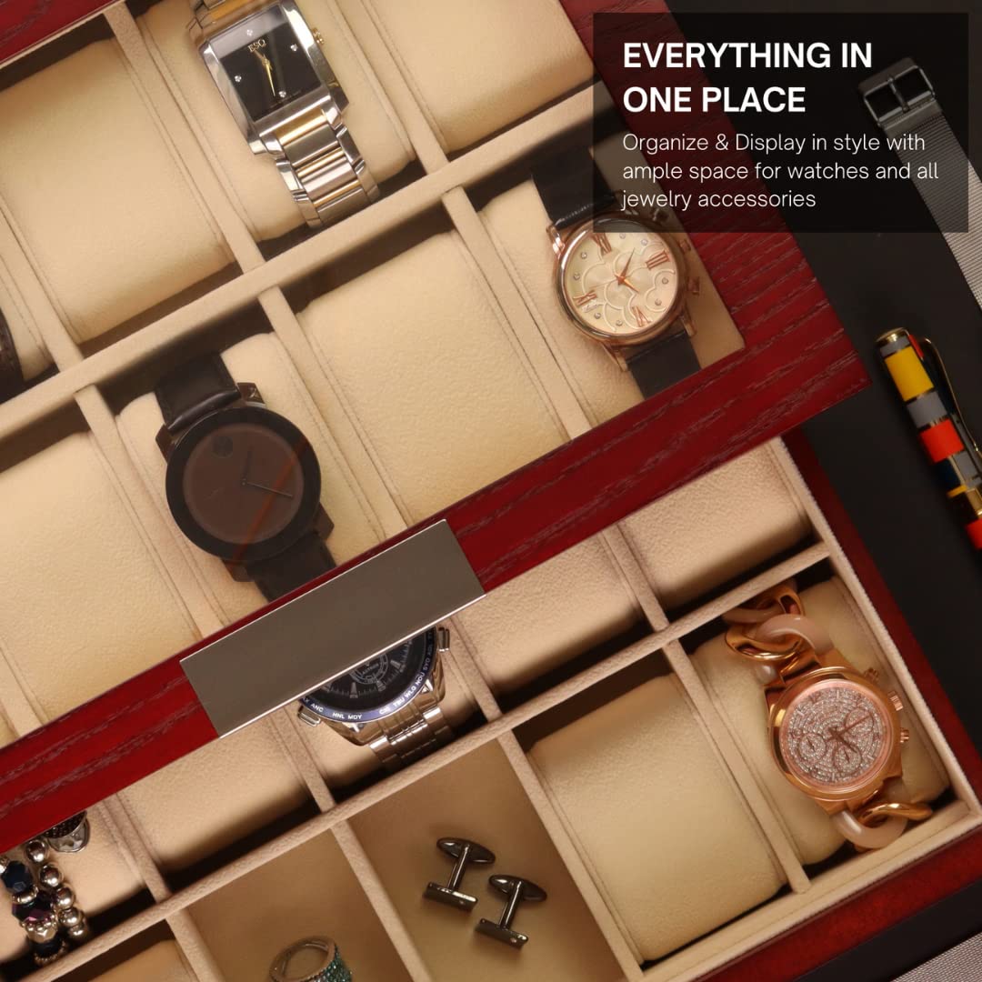 Decorebay Cherry Oak Wood 20 Slot Watch display case and Jewelry Box Storage Organizer (Darling)