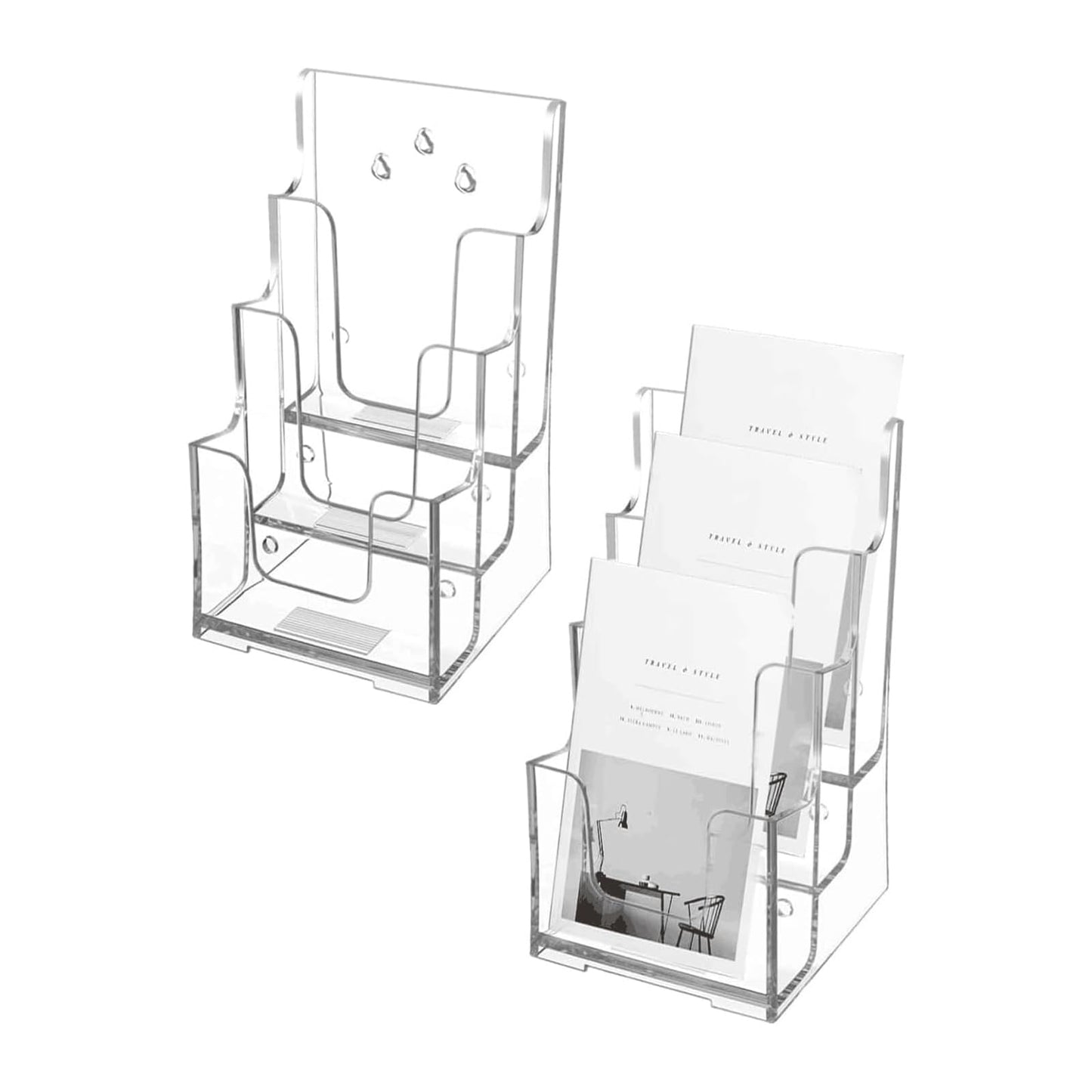 Voittozege 2 Pcs Acrylic Brochure Holder, 3 Tier 4-Inch Wide Clear Literature Holder, Clear Flyer Holder Pamphlet Display Stand Literature Booklet Holder for Wall and Counter Desktop Stand