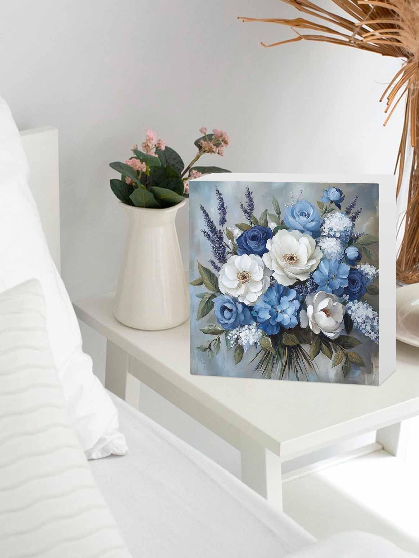 RisQiten Blue Spring Floral Home Room Office Decor Wooden Box Sign, Square Decorative Signs Plaques, Modern Art Flowers Pastoral Desk Decor Wood Block Plaque Shelf Table Decorations Gifts 6"x6"