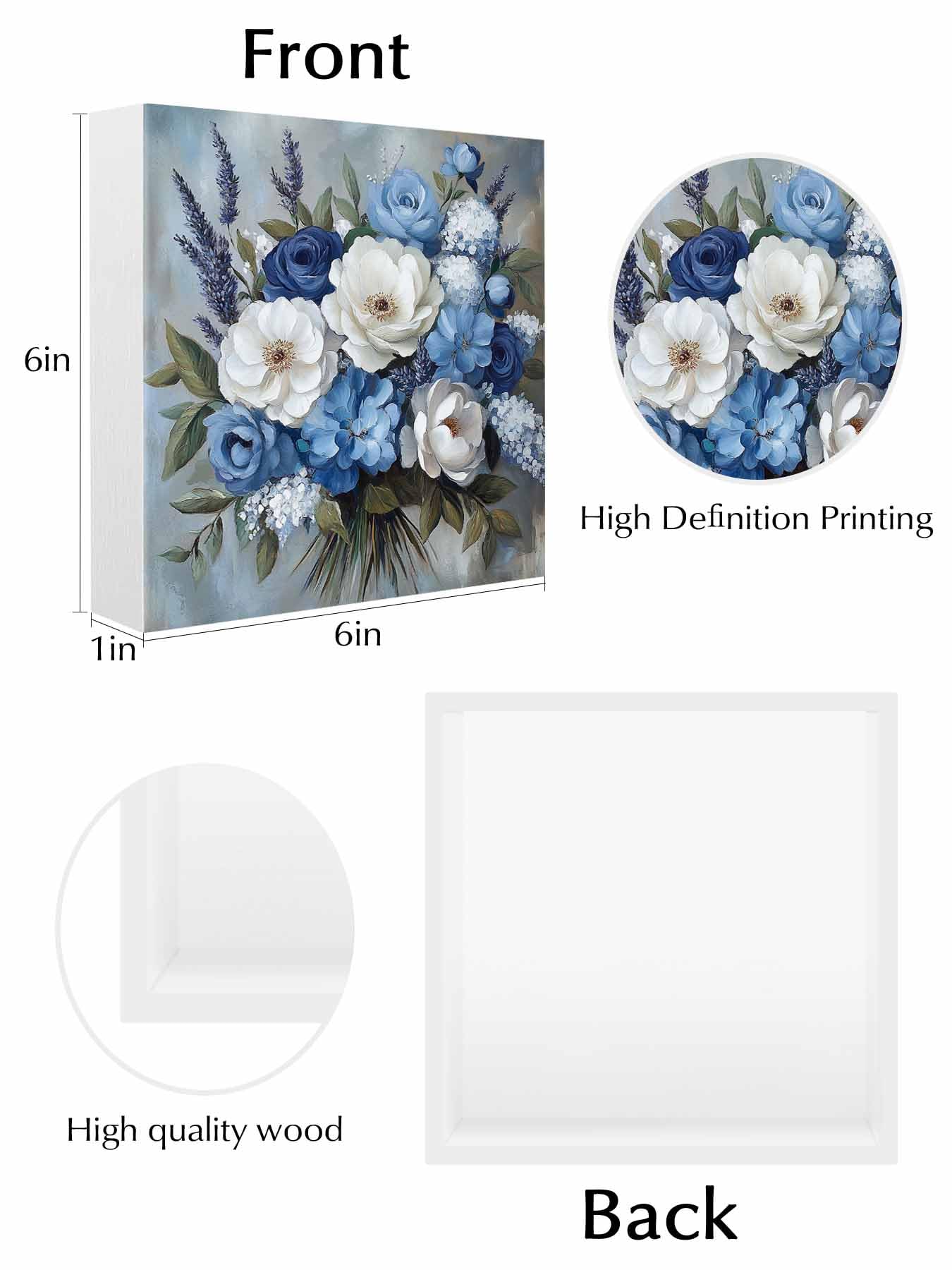RisQiten Blue Spring Floral Home Room Office Decor Wooden Box Sign, Square Decorative Signs Plaques, Modern Art Flowers Pastoral Desk Decor Wood Block Plaque Shelf Table Decorations Gifts 6"x6"