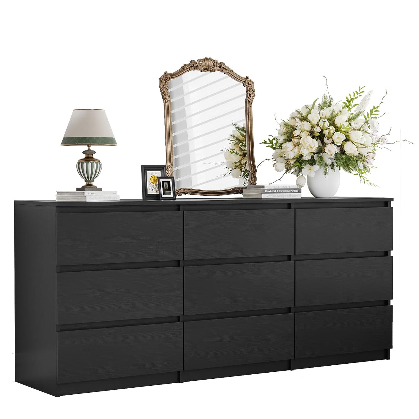 Angel Sar 62'' Black Dresser for Bedroom, Modern 9 Drawer Wood Dresser with Handle-Free Design & Thick Panel, Minimalist Storage Cabinet for Clothes, Entryway Use