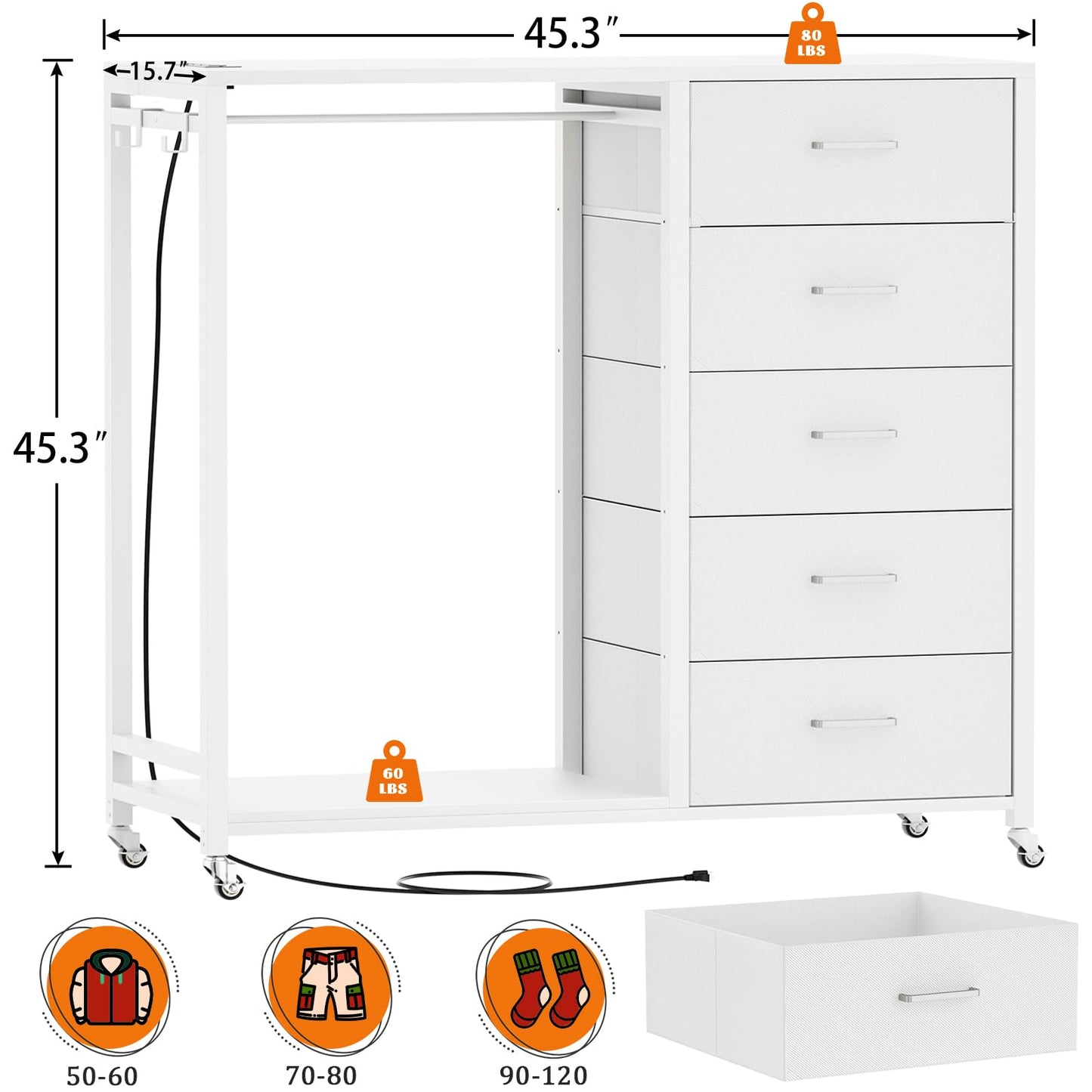 Cyclysio Dresser with Hanging Rack, 5 Fabric Drawers Dresser with Clothes Rack, Wooden Top Storage Chest of Drawers with Charging Station & LED Lights, Lockable Wheels, Closet