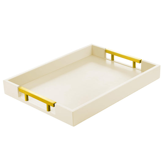 ATZYmolin Leather Serving Tray with Gold Polished Metal Handles, Home Decorative Wooden Rectangle Ottoman Decor Platter Bathroom Vanity Tray for All Occasions Cream