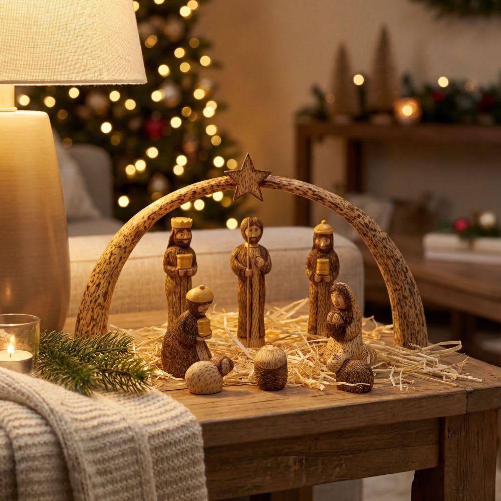 Dear Holidays Rustic Wood Nativity Tabletop Set, Christmas Home Decor, Set of 9 Figurines