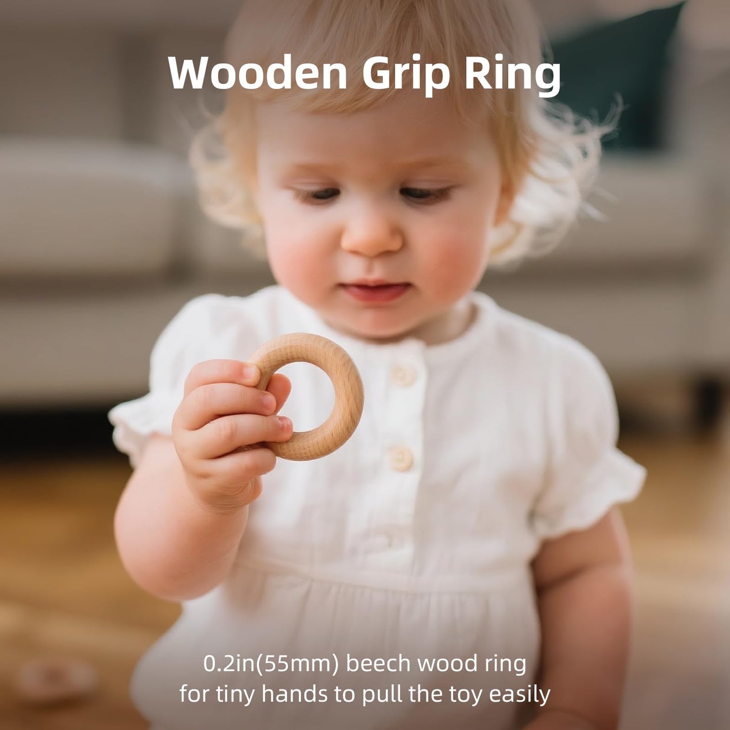 DadCarved Hedgehog Pull Toy | Montessori Wooden Pull-Along Walking Toy with Wooden Grip Ring | Natural Drumming Sound for Kid Toddlers