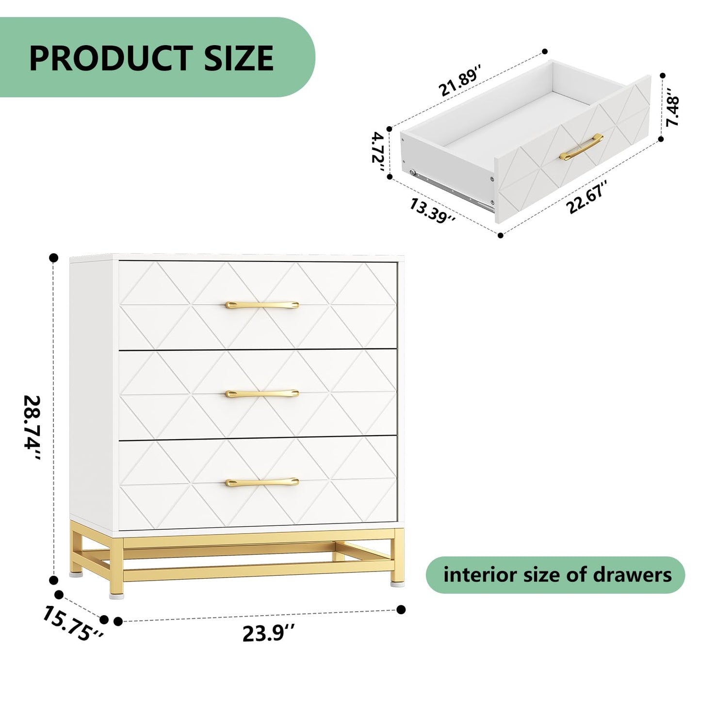 GarveeHome Wooden Dresser for Bedroom, Dressers & Chest of Drawers with 3 Drawer, Wood nightstand for Storage and Organization (White)
