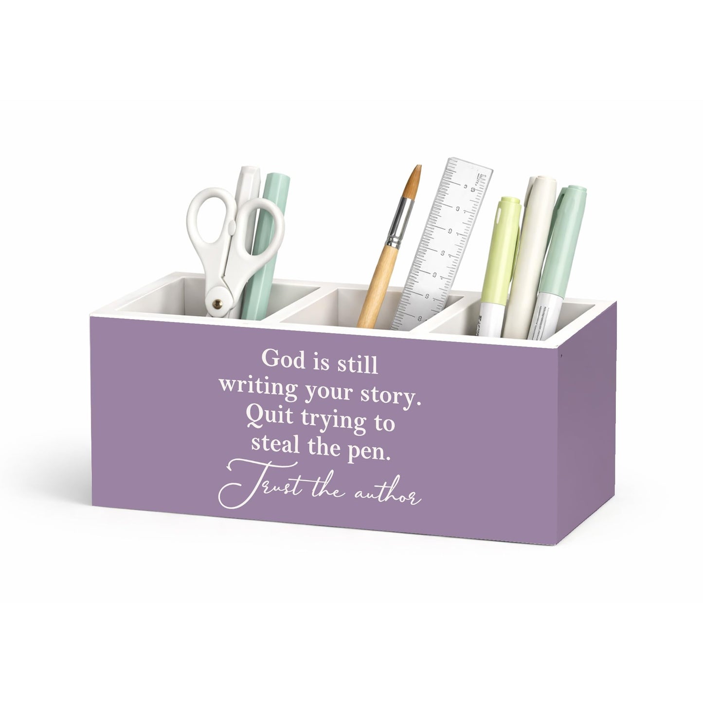 GGED God is Still Writing Your Story Pen Holder, Inspirational Desk Organizer, Wooden Pencil Caddy with 3 Compartments for Office, Home, Classroom