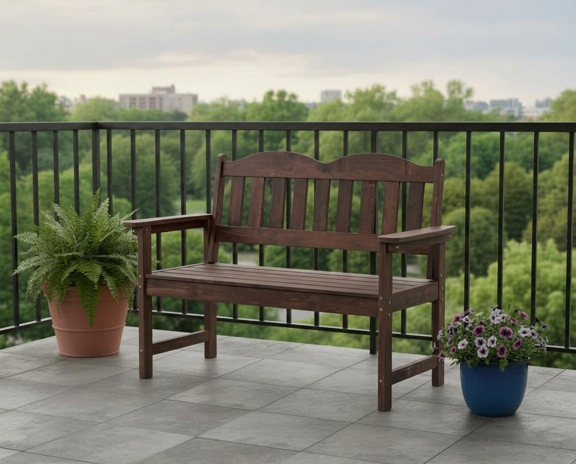 MilleLoom 4FT Outdoor Wooden Bench, 2-Person Garden Bench,Slatted Patio Loveseat with Curved Backrest and Wide Armrest Ideal for Patio, Porch or Balcony,Brown