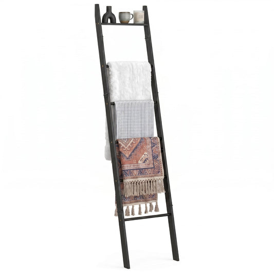 Plusinthebox 6 Tier Blanket Ladder with Shelf, Wooden Blanket Rack for Living Room, Leaning Towel Ladder Rack for Bedroom, Bathroom, Quilts, Throws, Towels and Farmhouse Décor Black