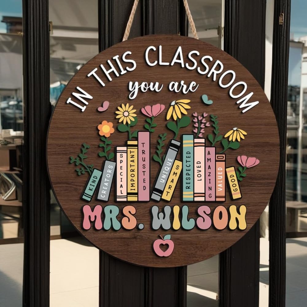 Poceton 3D Teacher Door Sign, Personalized Name Classroom Sign, Wooden Welcome Sign, Back To School Gift, 10 Inches by 10 Inches