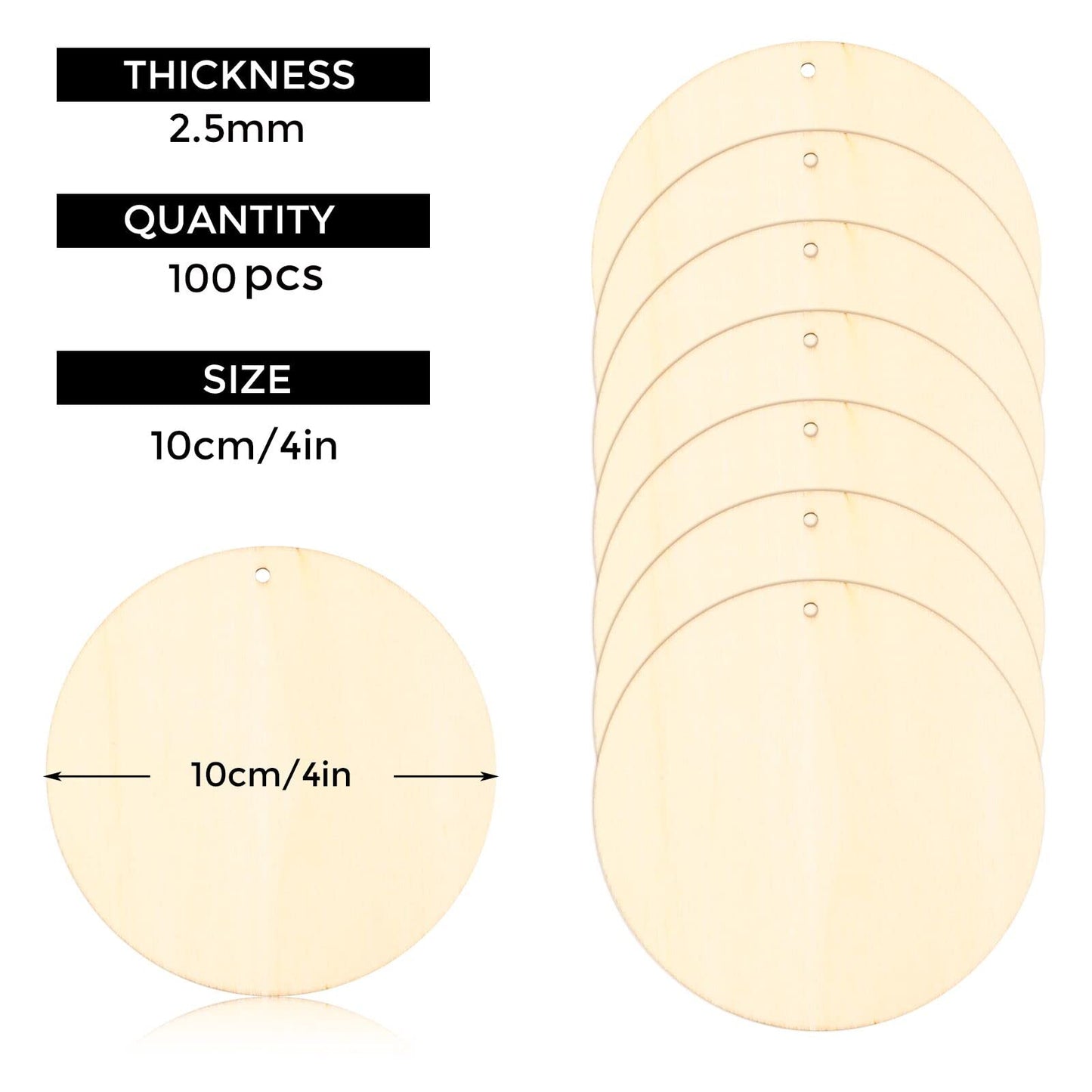 FSWCCK 100 PCS 4 Inch Wood Circles for Crafts – Round Blank Discs with Holes, Unfinished Wooden Cutouts for DIY, Painting, Staining, Coasters,Laser Engraving Sign Blanks, Ornament (4inch-100 Pack)