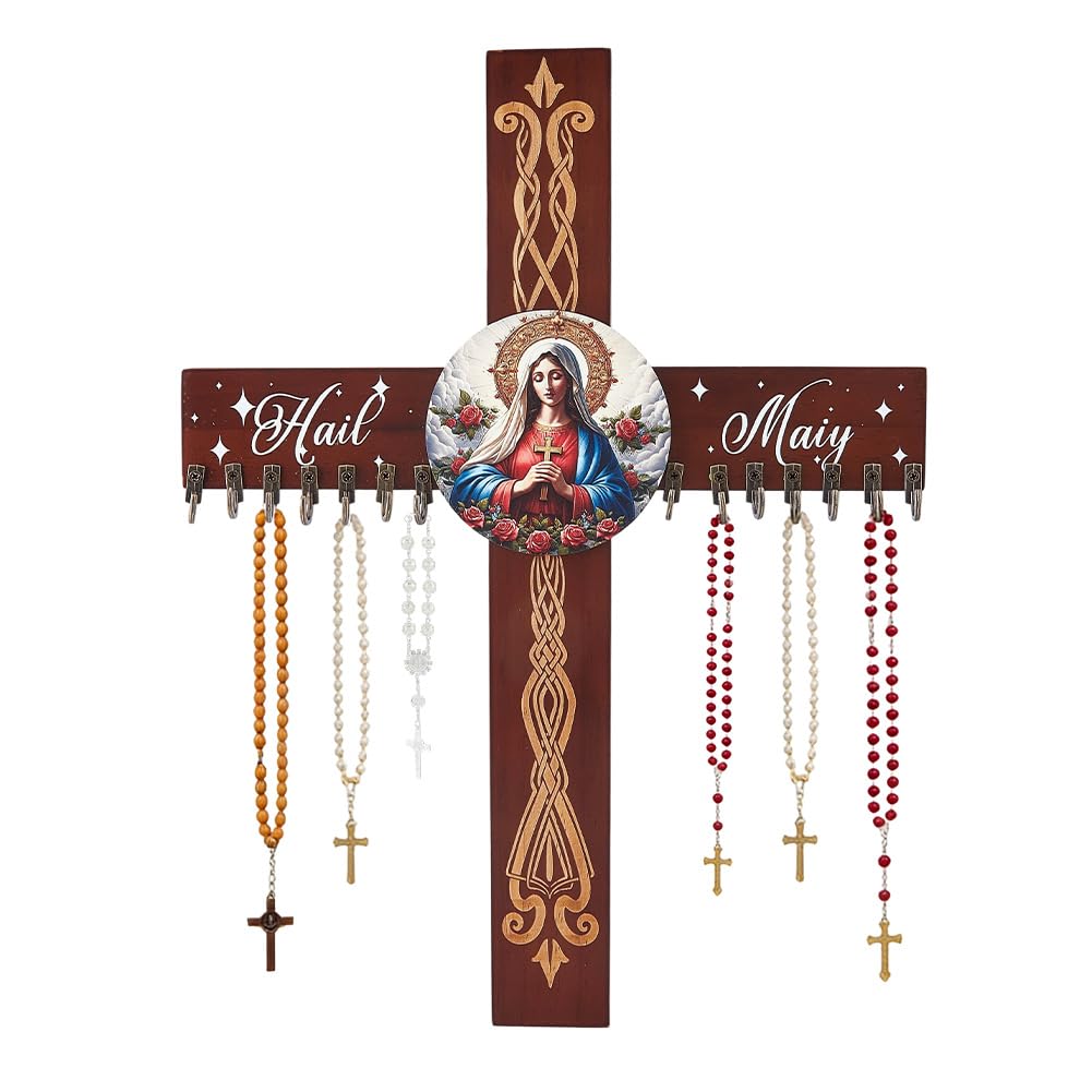 DICOSMETIC Wooden Rosary Holder Wall Mounted with 14 Hangers Wall Mounted Necklace Organizer 15.75"x11.81" Cross Decorative Hanger Large Catholic Rosary Holder for Necklace, Bracelet Storage