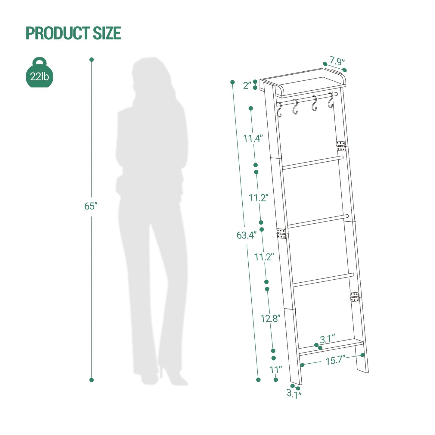Hzuaneri Blanket Ladder Shelf, Decorative Quilt Rack, 6-Tier Farmhouse Ladder Holder Organizer with 4 Removable Hooks 7.9" D x 17.3" W x 63.4" H, Greige BR35805B