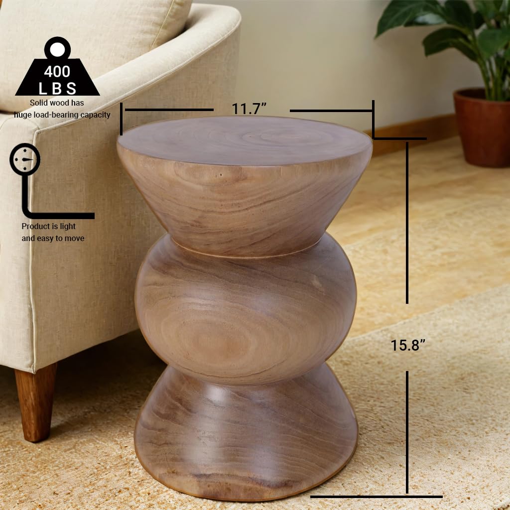Athaliah Wooden Side Table, Hand Carved Rustic Wood Tree Stump End Table, Natural Paulownia Wood Round Coffee Table, Indoor Outdoor Wood Stump Stool for Living Room, Bedroom, Garden, Patio