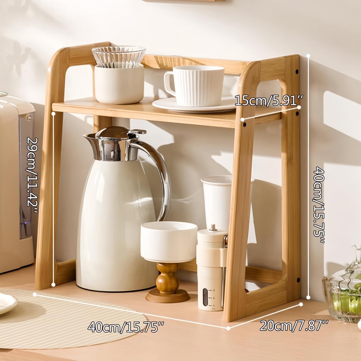 XIKEMADI Natural Bamboo Coffee Station Organizer, 2-Tier Wooden Kitchen Counter Shelf for Bar Accessories, Multi-Functional Countertop Storage Rack for Syrup Bottles & Coffee Essentials (Dark Brown)