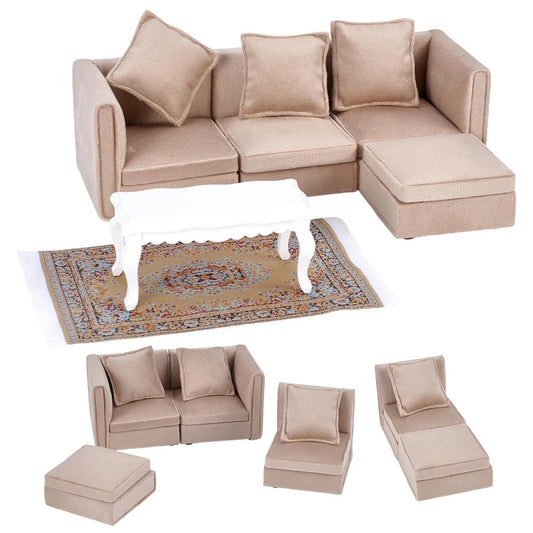 ORIGACH 3 PCS Dollhouse Furnitures Miniature Sectional Couch Set with Coffee Table and Carpet, Wooden Dollhouse Furniture Set, 1/12 Scale Living Room Furniture Accessory for Décor
