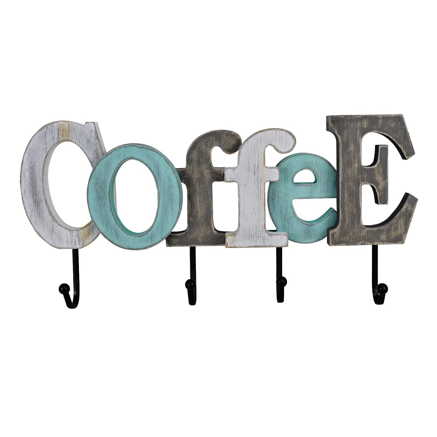 Linfevisi Wooden Coffee Sign Aqua Hanging Block Letters Sign Rustic Wood Word Decor Coffee Wall Sign Cutout Word Art Wall Decor Decorative Key Holder Hanger with 4 Hooks (coffee)