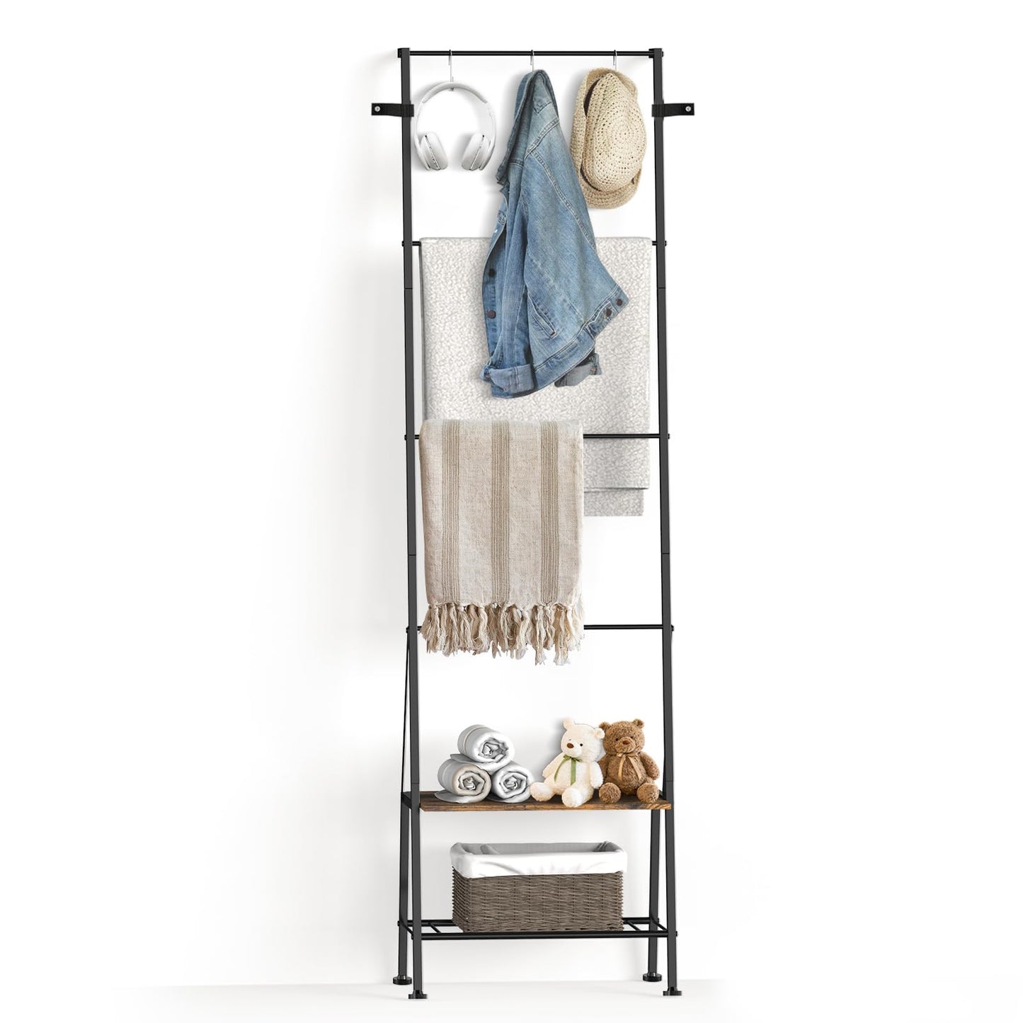 FANSXIVITA Blanket Ladder, 6-Tier Towel Holder with Shelf, Blanket Rack Freestanding, Ladder Shelf with Hooks for Towels Clothes Scarves, Standing Towel Rack for Bathroom Living Room Bedroom, Brown