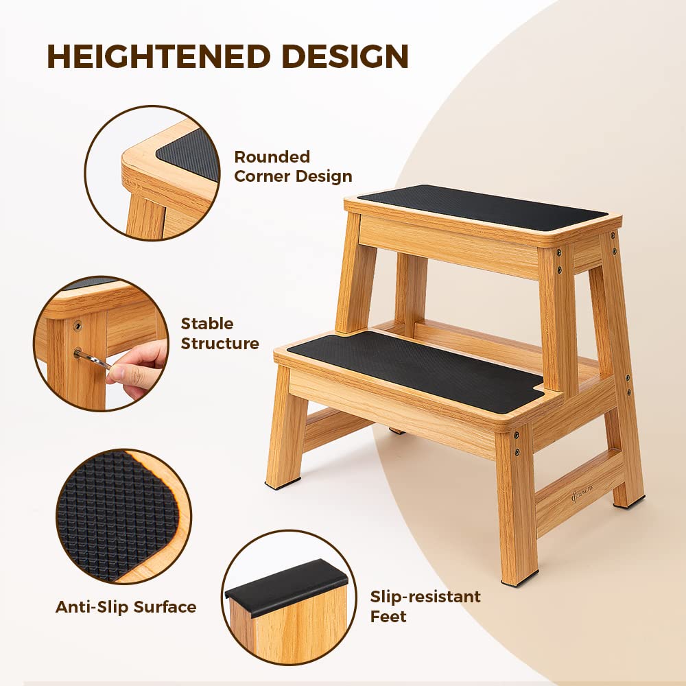 StrongTek 17″ Step Stool & 7″ Adjustable Foot Rest Set, Heavy-Duty Two-Step Wooden Stool (500 lb) + 3-Level Under-Desk Foot Stool, Non-Slip Support for Kitchen, Bed & Office
