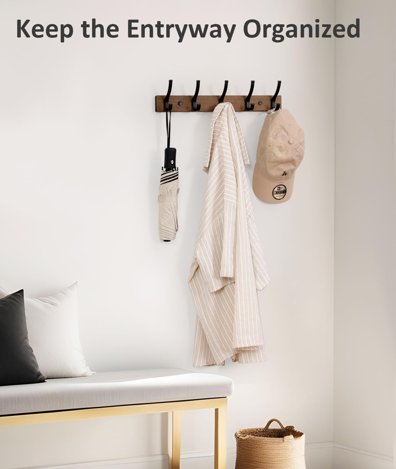 Optish Coat Rack Wall Mount, 16.5 Inches Wood Coat Hooks, Wall Hooks for Hanging, Hat Rack Bag Hanger Key Holder for Wall, Purse Hanger Towel Racks for Bathroom (1Pack, Brown)
