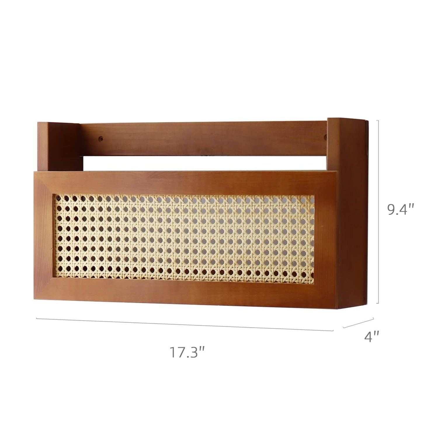FRIADE Wall Wood Magazine Rack with PE Rattan Grid,Size 17.3" x 4" x 9.4",File Holder For Entryway, Living Room, Waiting Room, Kids’ room,Office（Brown）