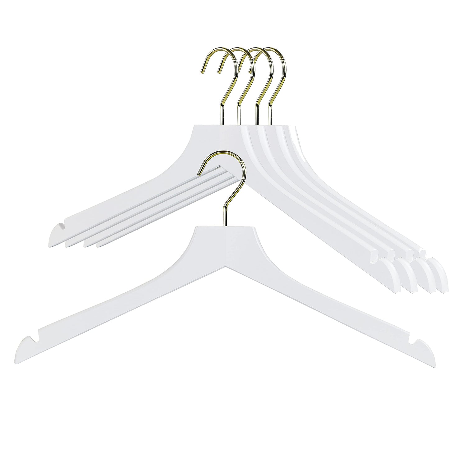 MAWA by Reston Lloyd, European Wooden Hanger, Beech Wood Straight Hanger with Shoulder Notches, Rotating Gold Hook, White Finish, for Shirts, Blazers, Dress Clothes, Set of 5 (27135)