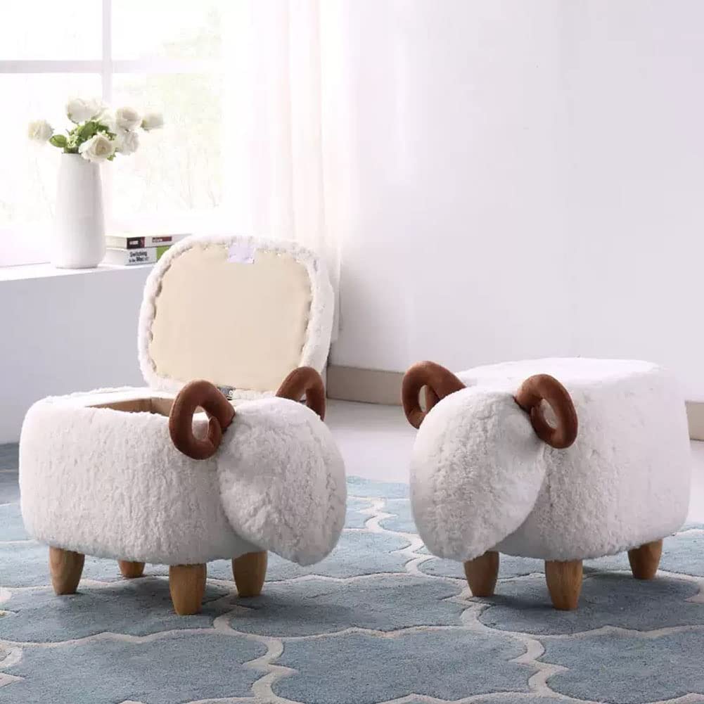 WAYUTO Animal Footstool Storage Upholstered Ottoman Bench Furry Sheep for Living Room Dorm Foot Rest Step Stool Padded Seat Wood Foot Heavy Duty Decorative