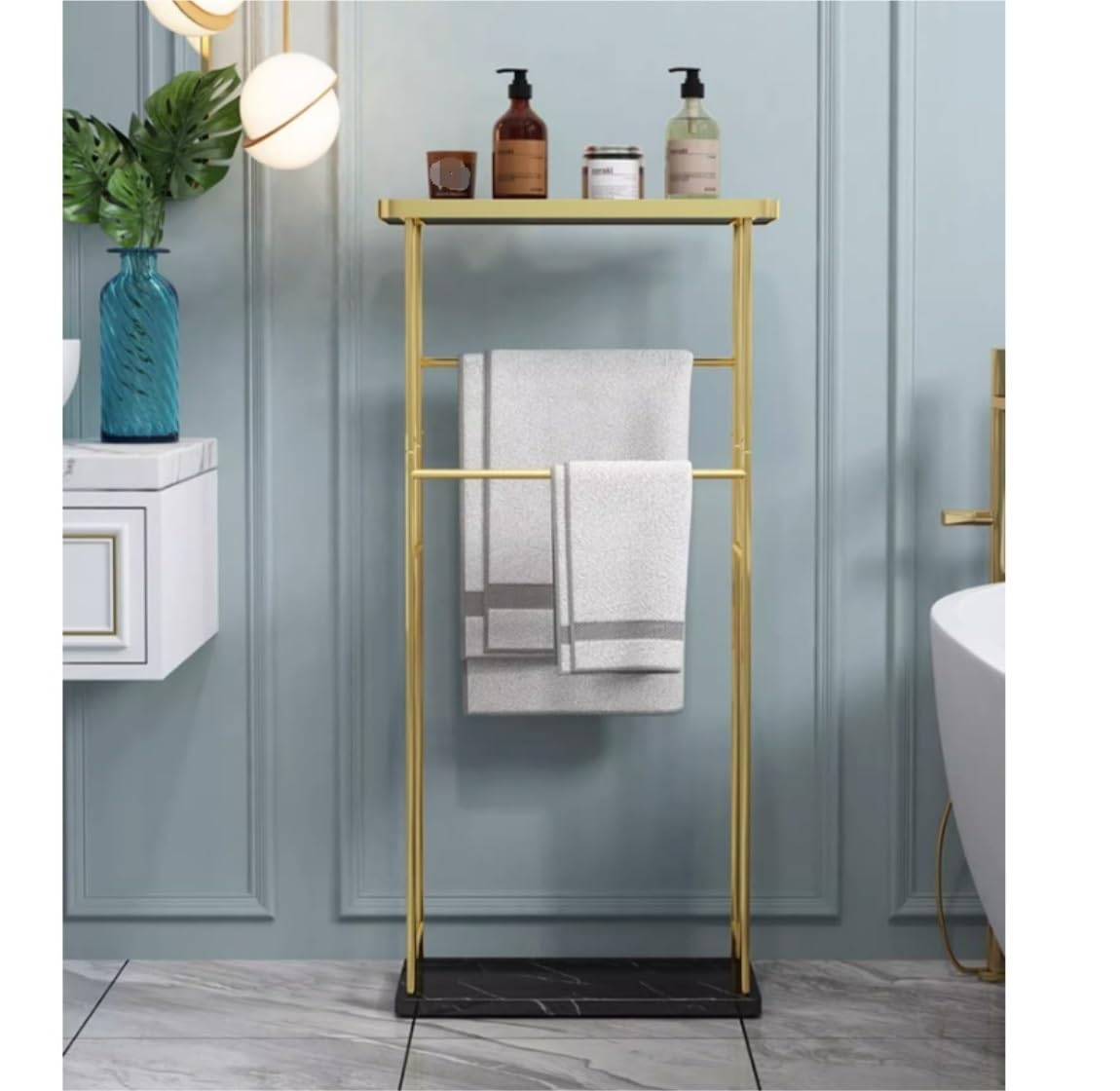 BIOMICE Floor Towel Rack 2 Tier Iron Towel Stand with Marble Base and Glass Countertop Freestanding Towel Rack Nordic Towel Holder for Bathroom Freestanding Towel Racks