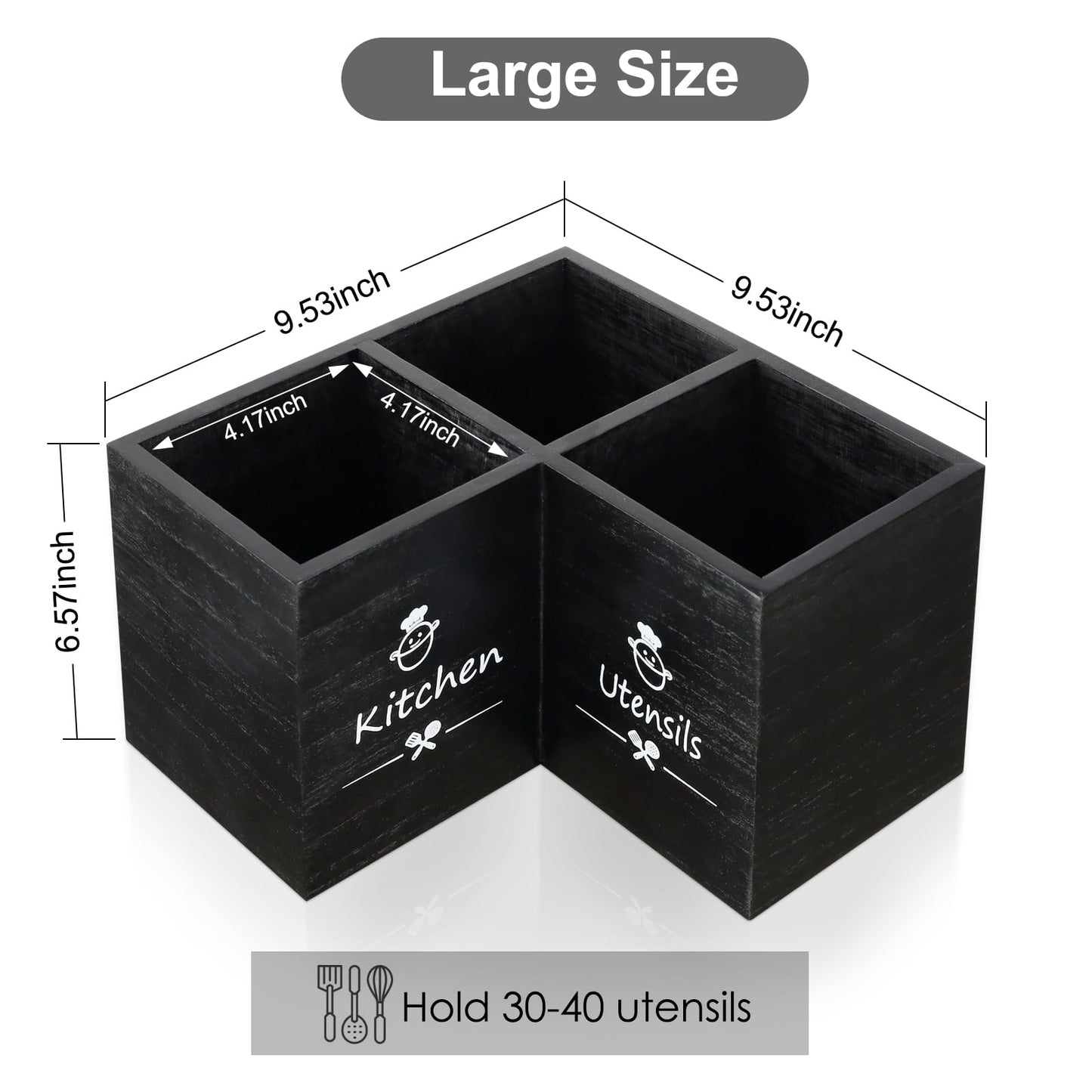 Wooden Kitchen Utensils Holder with 3 Compartments, Large Wooden Large Utensil Caddy Organizer for Counter, Utensil Organizer for Kitchen Countertop, Cooking Utensil Crock for Silverware Spoon Spatula