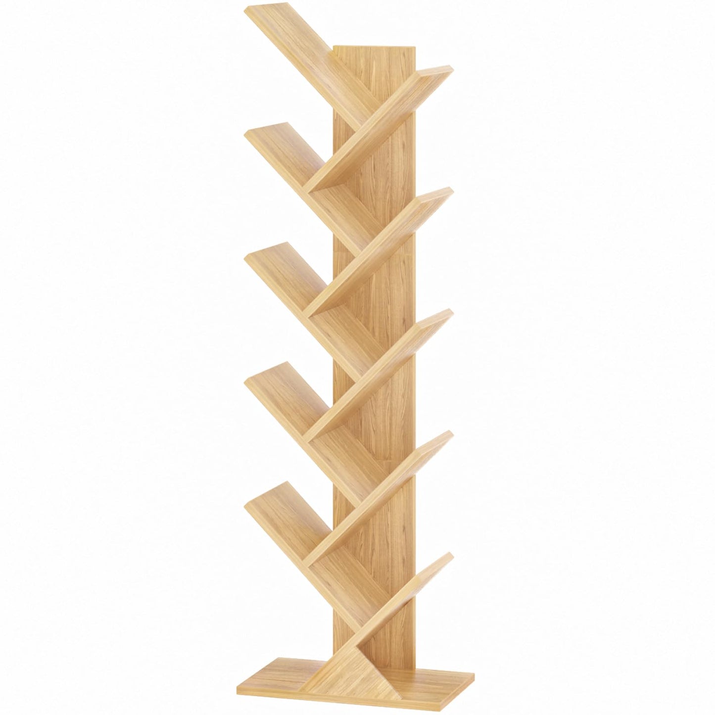 SHEEPAM 10 Tier Tree Book Shelf, Floor Standing Wood Bookshelf for Narrow Space, Storage Organizer Bookshelves for Books/CDs/Magazine, Bookcase with Shelves for Home Office, Living Room - Natural